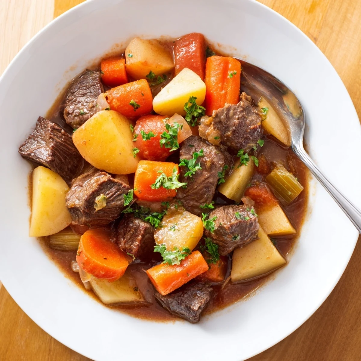 A close up of rich Irish Beef and Vegetable Stew with carrots potatoes and savory broth.