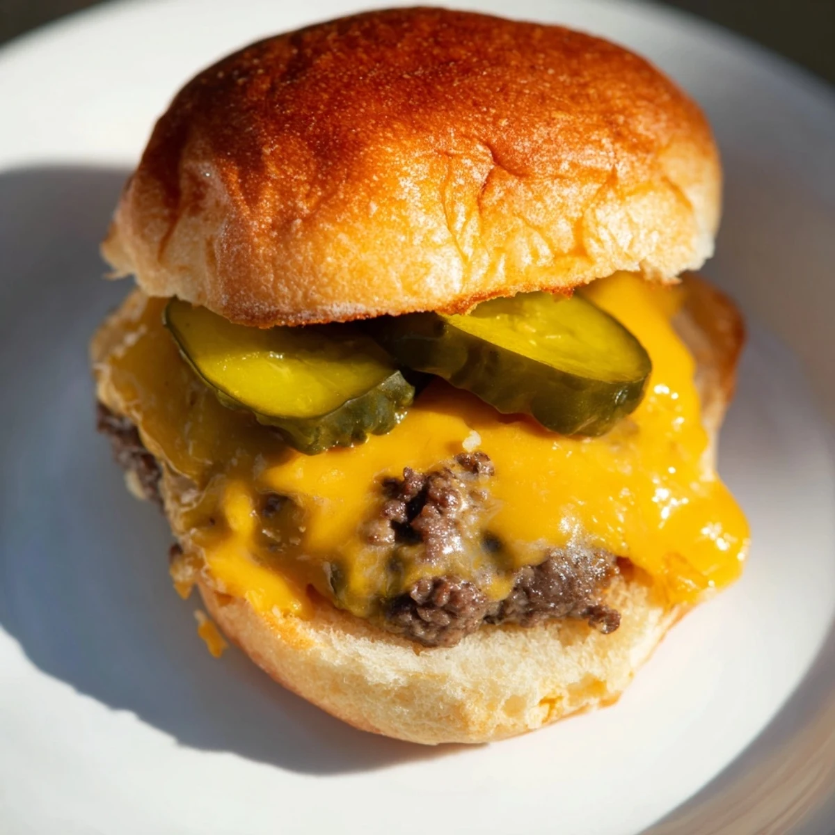 Juicy mini beef burgers topped with gooey melted cheese and crisp pickles on soft slider buns for a party platter.