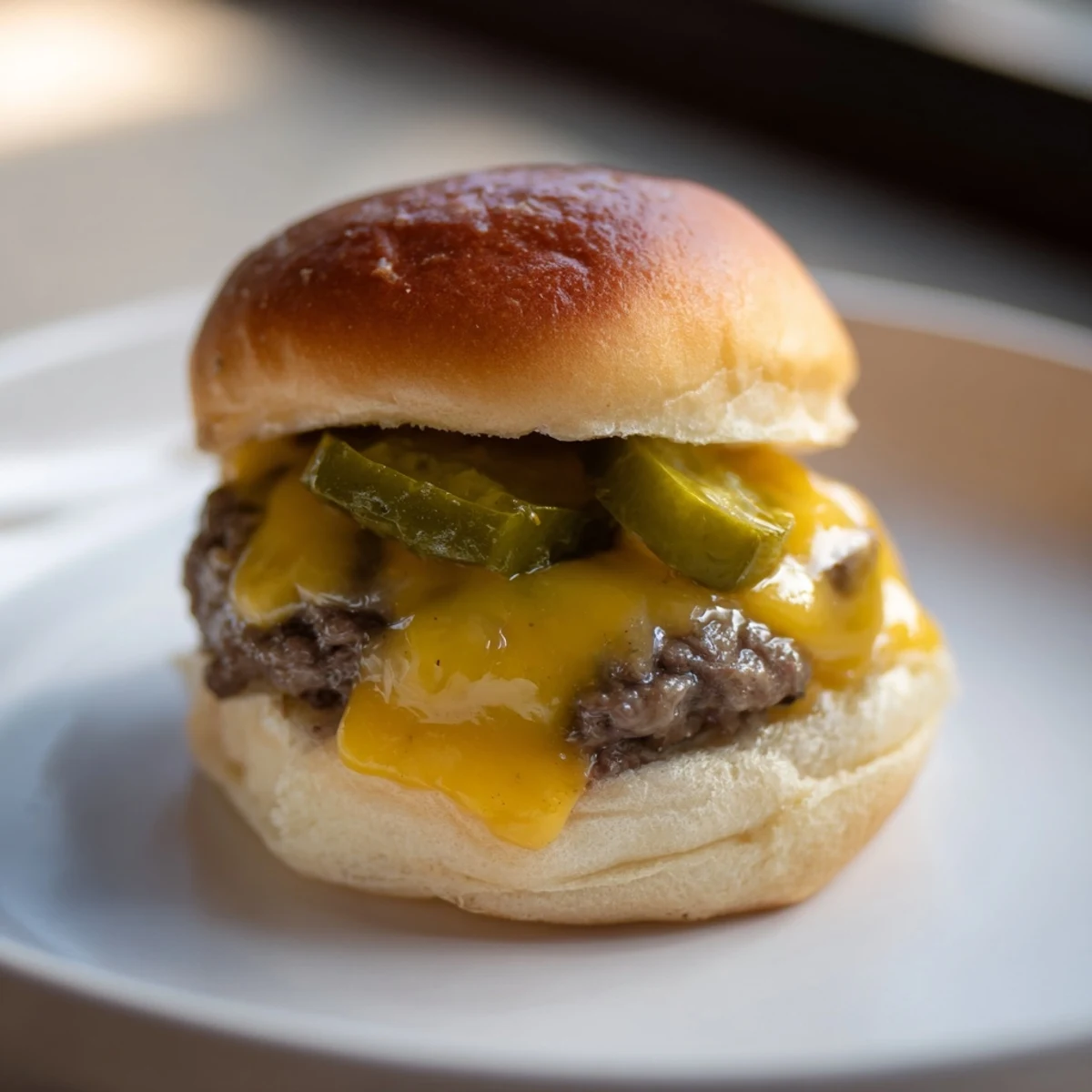 Golden-brown beef sliders with melted cheddar and tangy dill pickles on toasted buns served on a rustic wooden board.