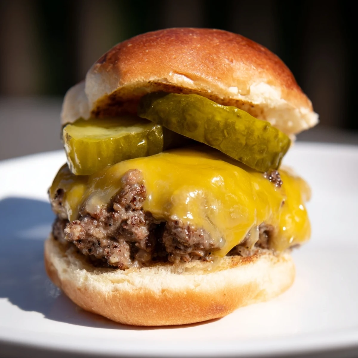 Freshly grilled beef sliders with cheese and pickles on toasted buns garnished with red onion slices and mustard drizzle.