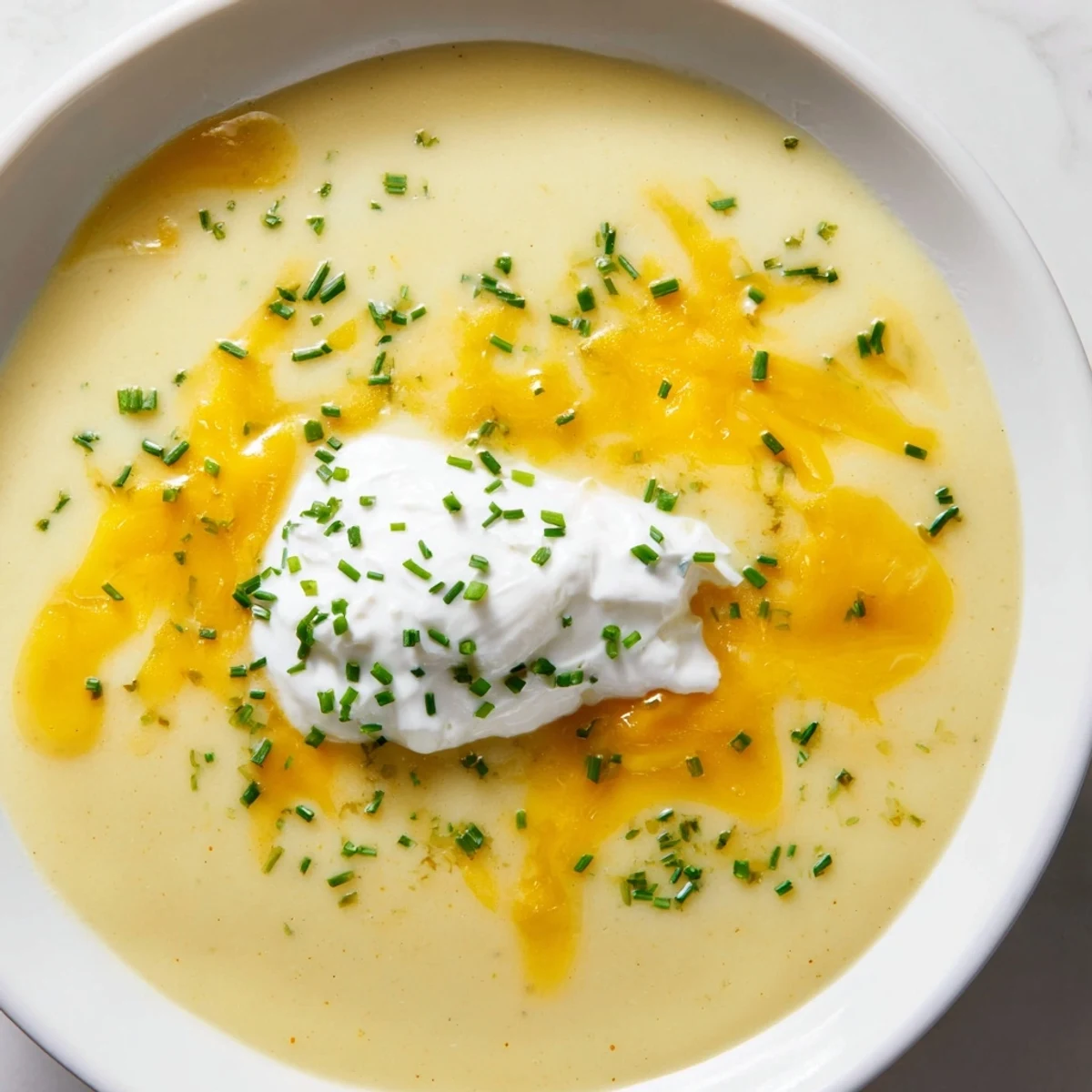 A warm mug of Creamy Potato Soup with Chives and Cheese topped with fresh herbs on a cozy American kitchen counter.