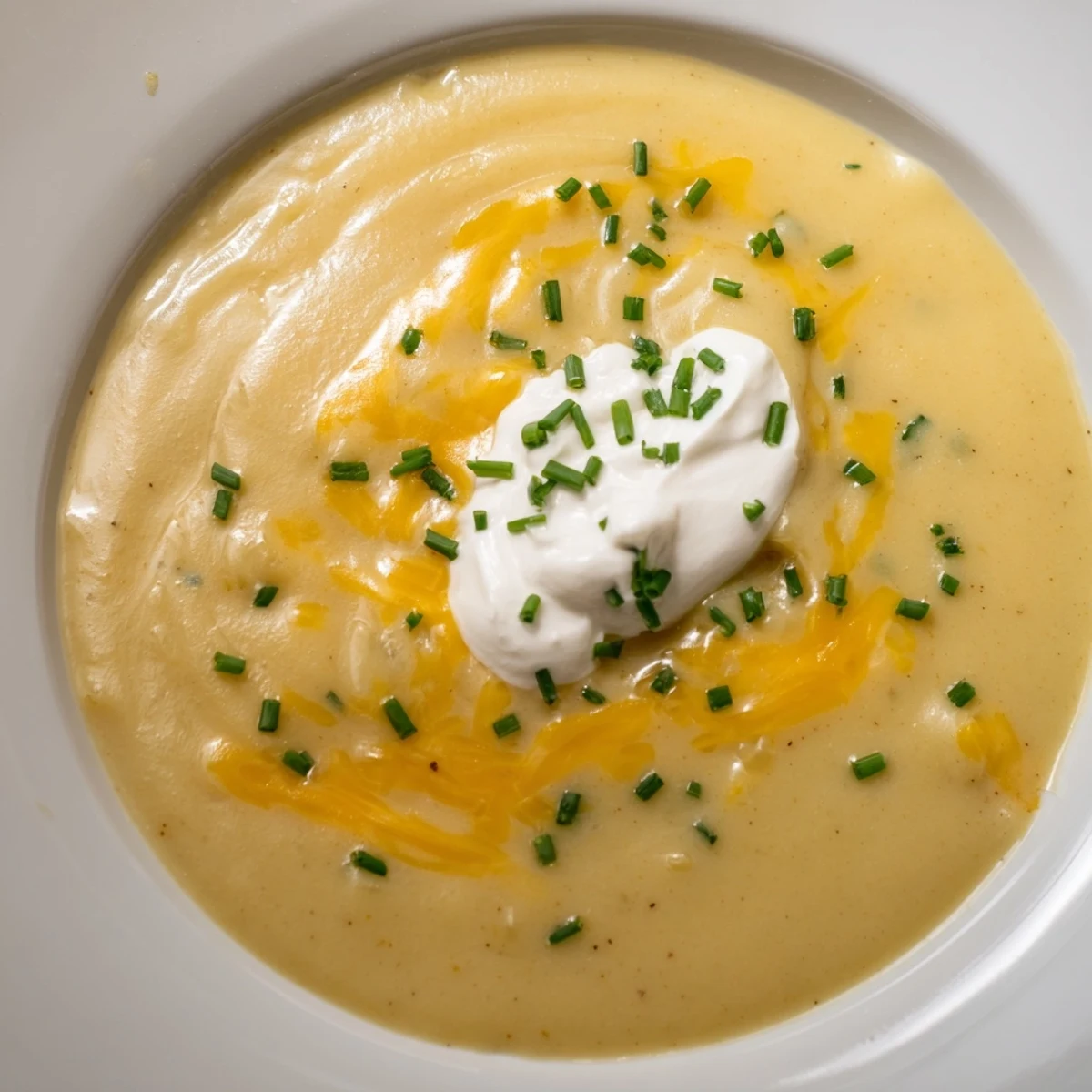 Steaming bowl of Creamy Potato Soup with Chives and Cheese next to crusty bread on a rustic table.