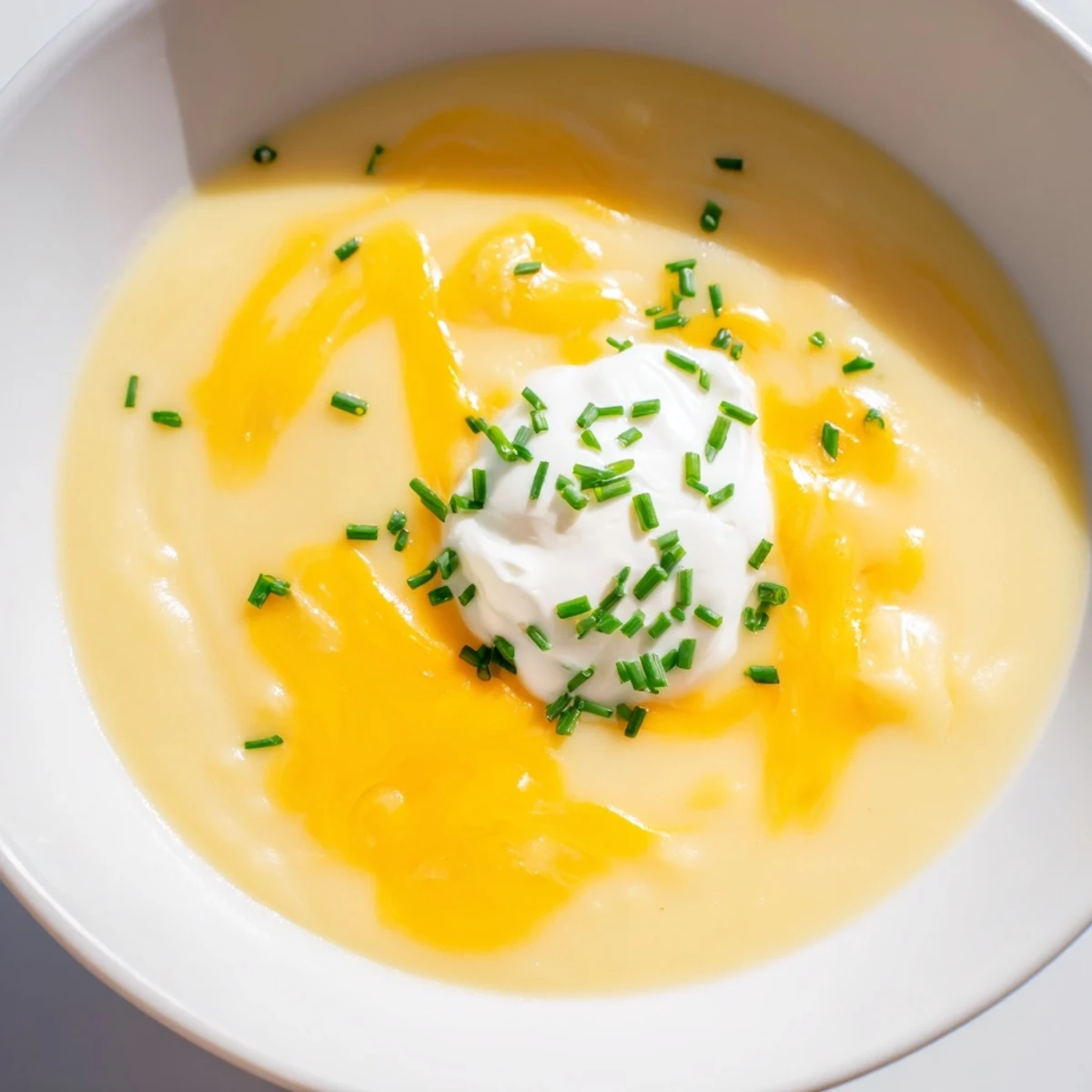 Rich Creamy Potato Soup with Chives and Cheese served in a white bowl with a colorful garnish.