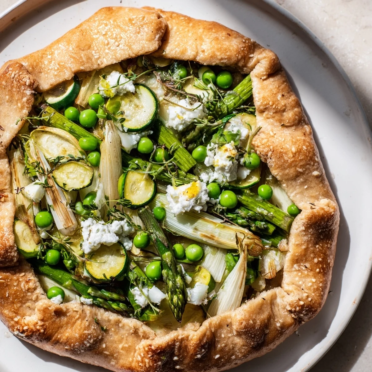 A close-up of the Spring Vegetable Galette with Goat Cheese, showing golden crust edges and a bubbly filling with asparagus and peas.