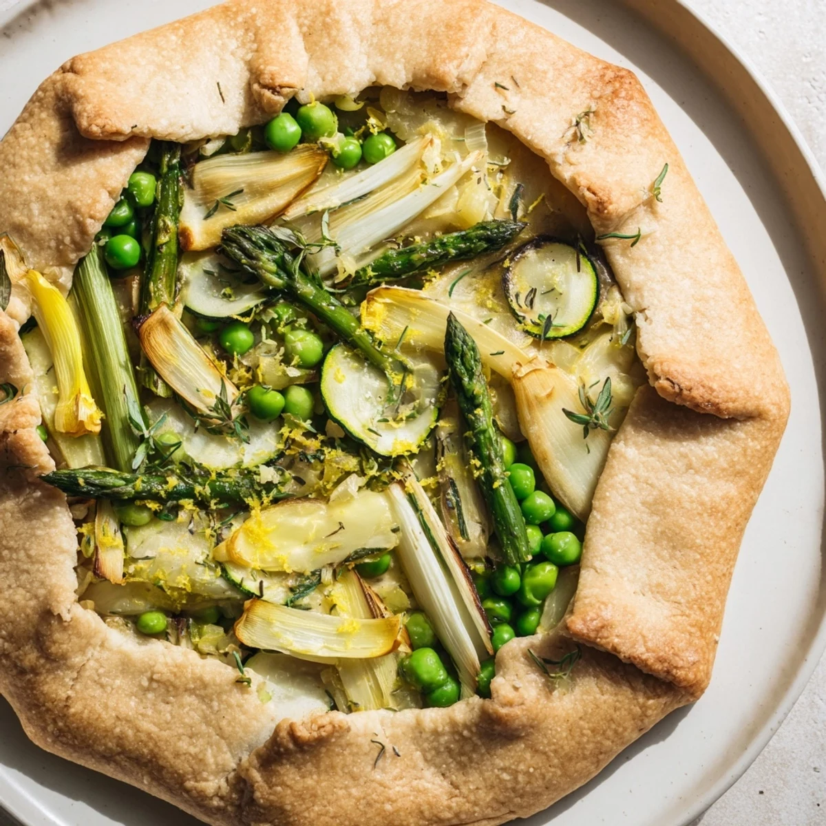 This vegetarian Spring Vegetable Galette with Goat Cheese features a rustic crust, tender zucchini, and fresh herbs garnish on a wooden board.