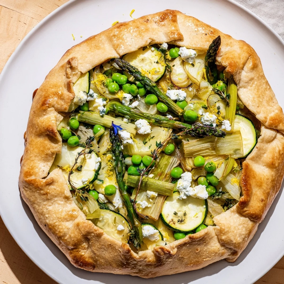 A slice of Spring Vegetable Galette with Goat Cheese reveals creamy cheese and bright spring vegetables, served on a white ceramic plate.