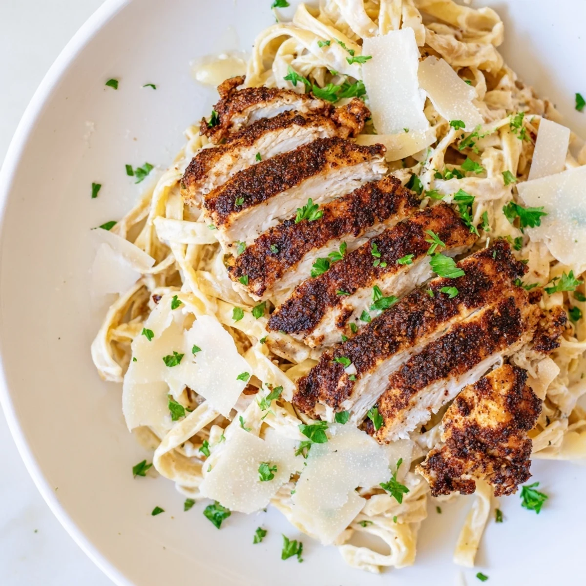 Golden slices of blackened chicken rest atop creamy fettuccine in this Cajun Blackened Chicken Alfredo Pasta, garnished with fresh parsley.