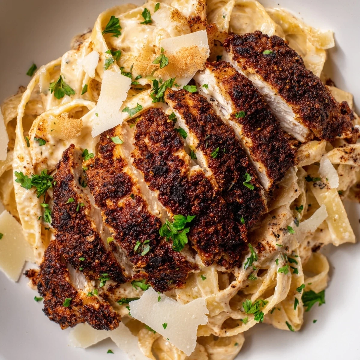A close-up of Cajun Blackened Chicken Alfredo Pasta shows rich Alfredo sauce clinging to noodles beside spicy, perfectly seared chicken.
