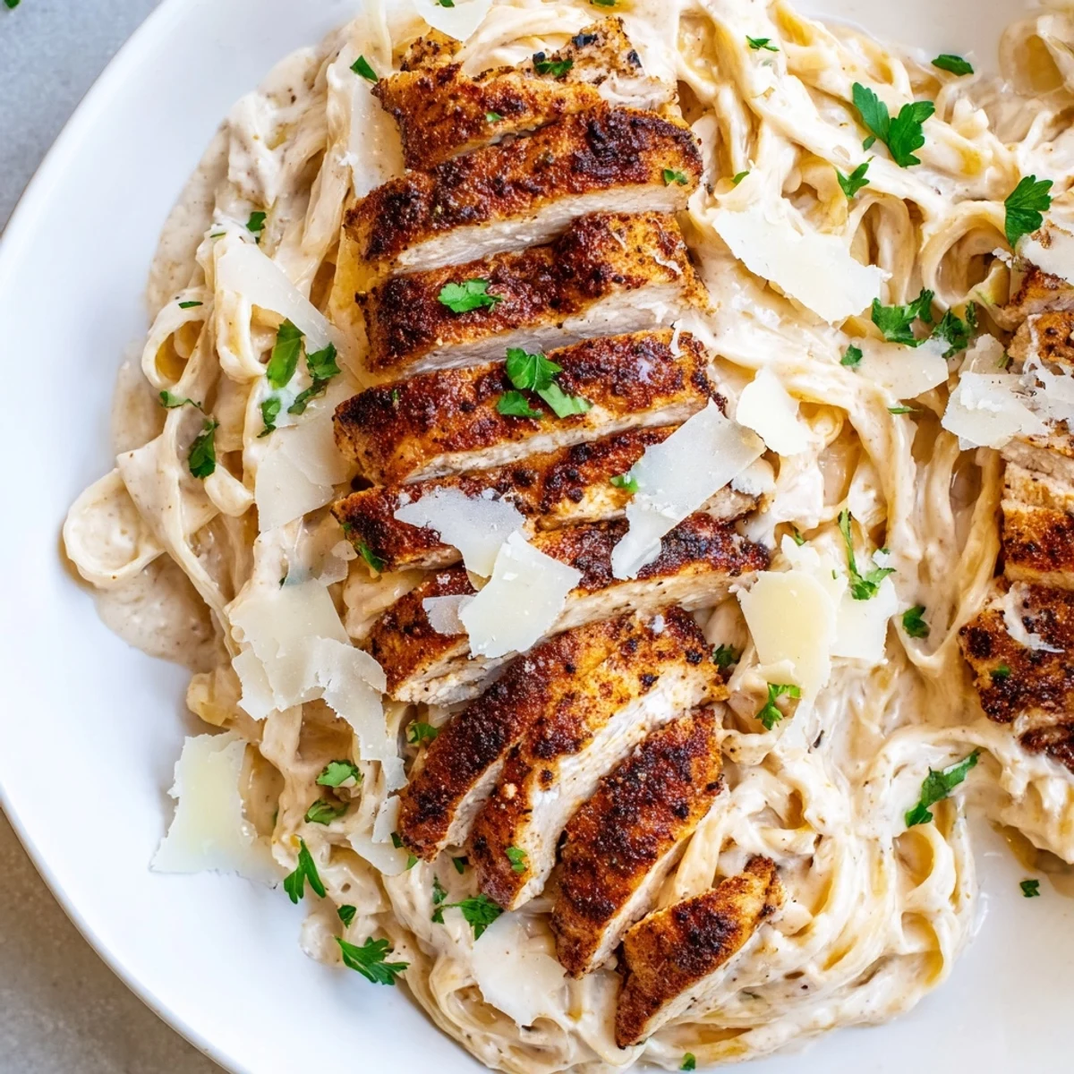 Ready to serve, this Cajun Blackened Chicken Alfredo Pasta is plated with grated Parmesan and a side salad for a hearty meal.