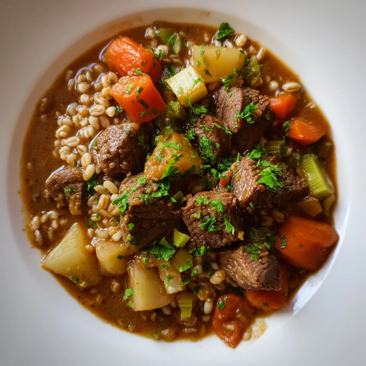 Steaming bowl of Irish Beef and Vegetable Stew with Barley served in a rustic ceramic dish.