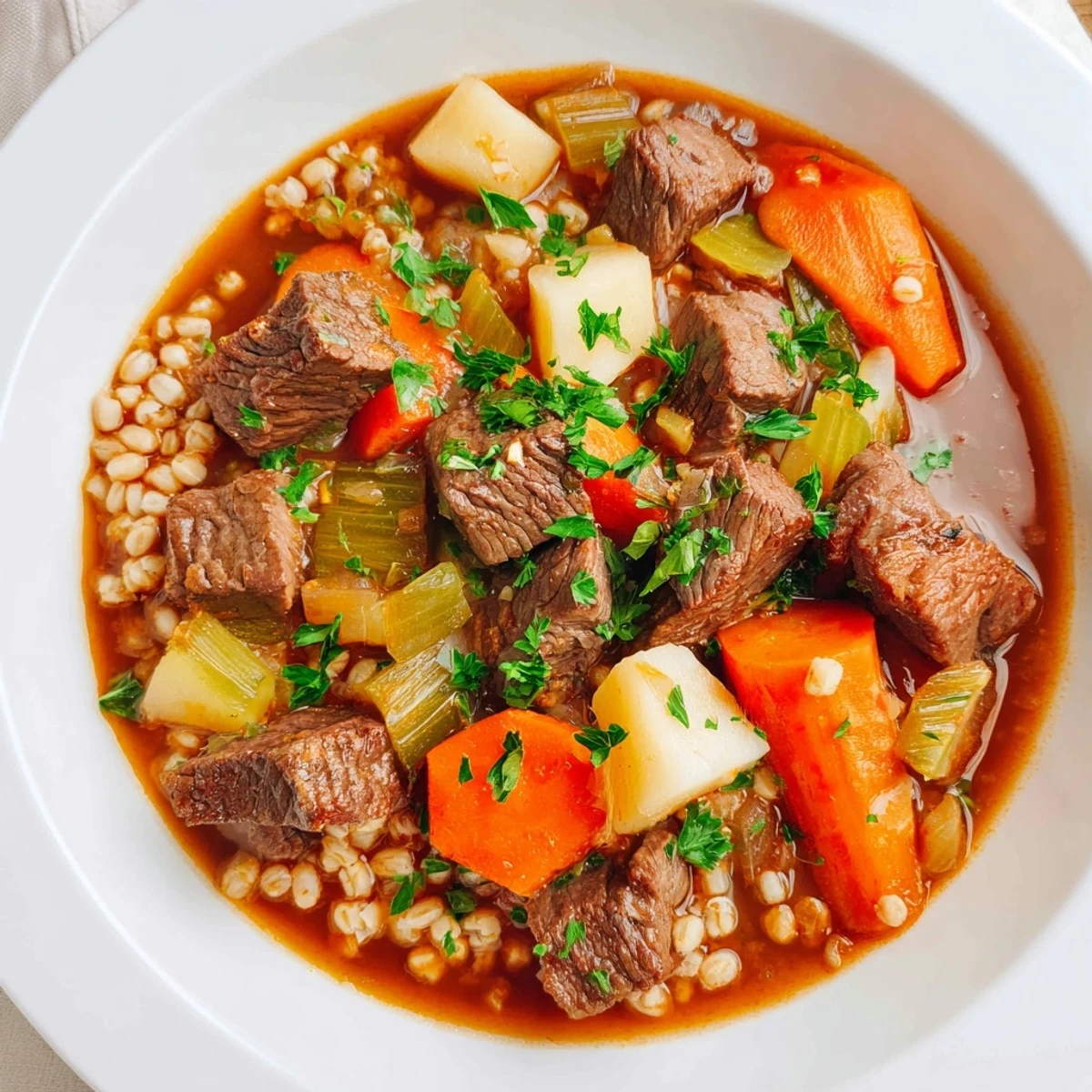 A close-up view of Irish Beef and Vegetable Stew with Barley, featuring tender chunks of beef and diced potatoes.