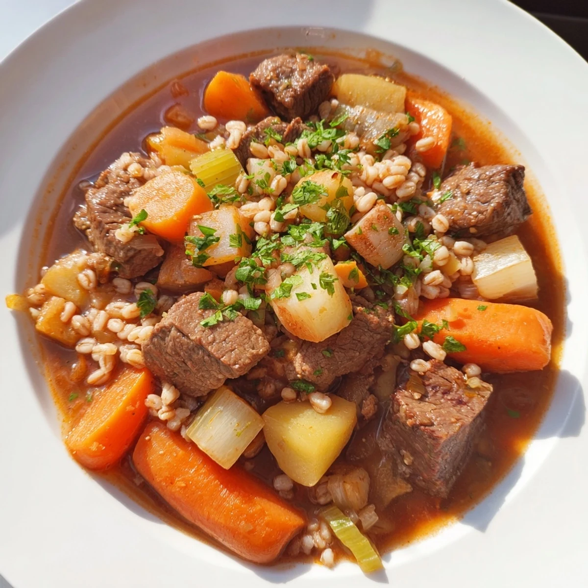 Rich and hearty Irish Beef and Vegetable Stew with Barley in a Dutch oven, garnished with fresh parsley.