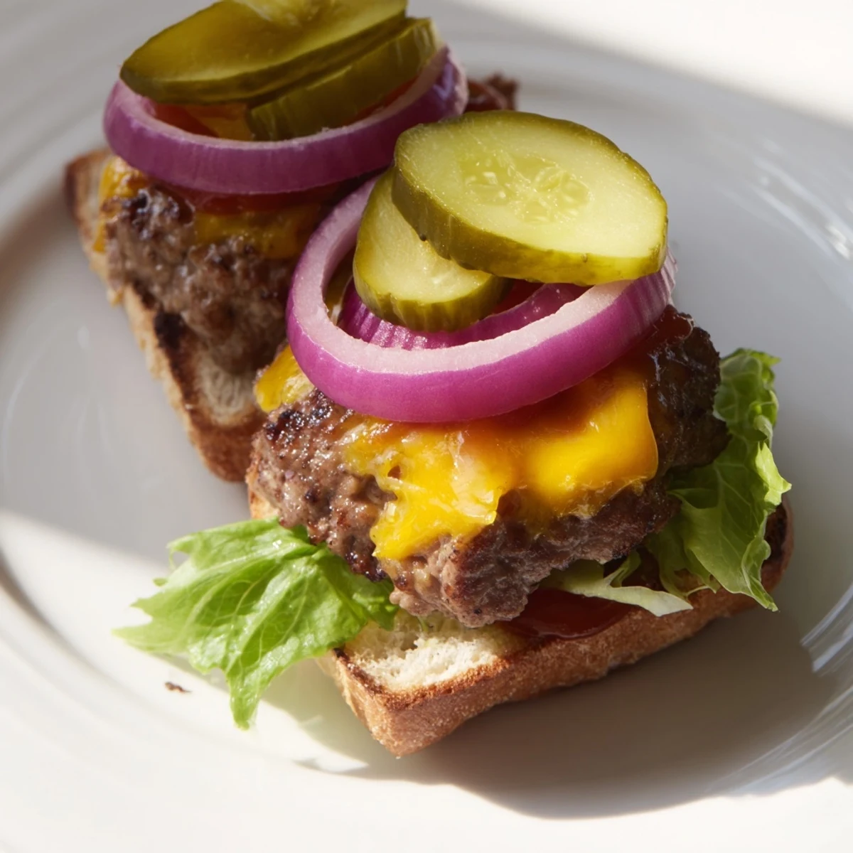 Close-up of mini beef sliders with cheese and pickles on a serving plate for game day.