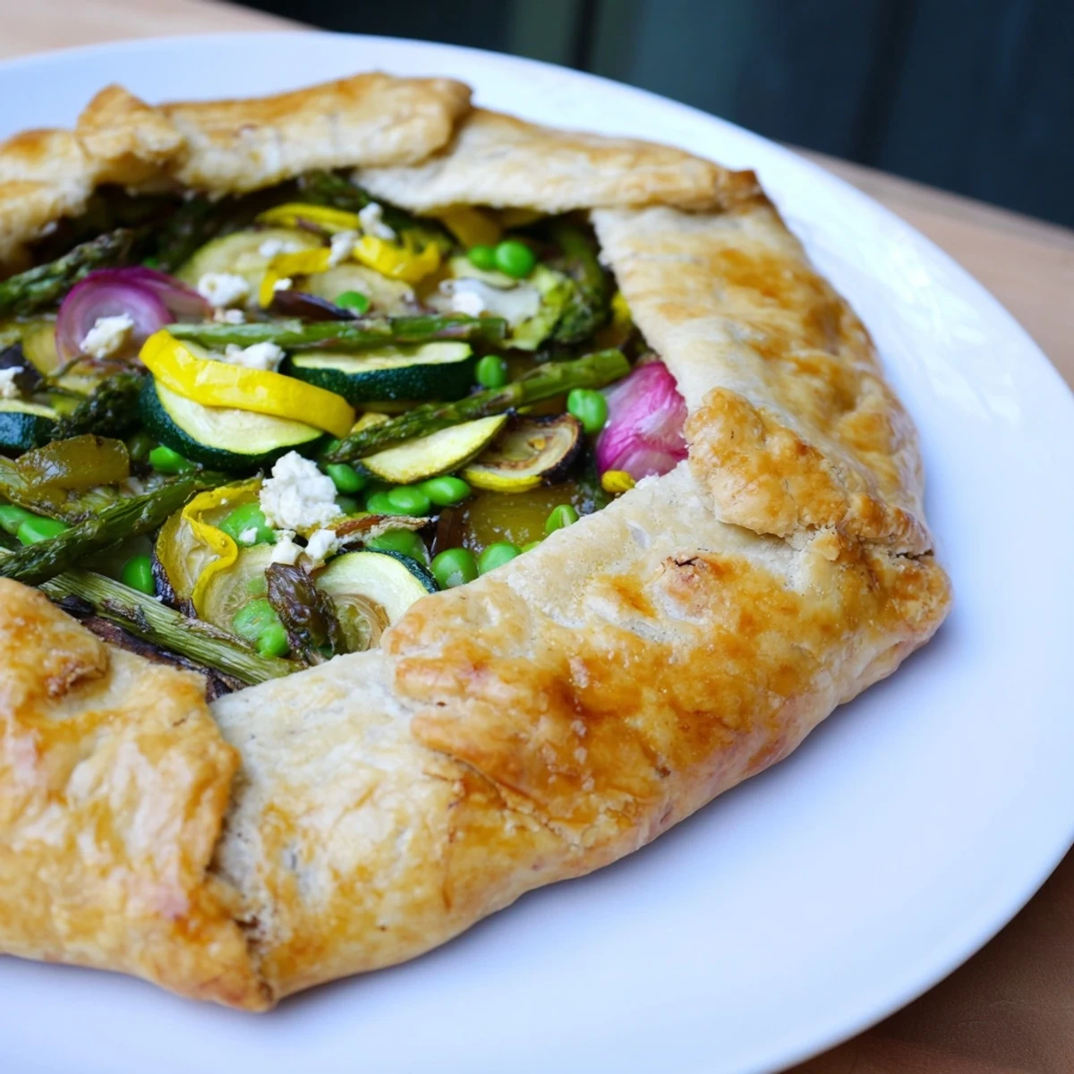 Fresh-baked Spring Vegetable Galette with goat cheese and golden crust on a rustic wooden board.
