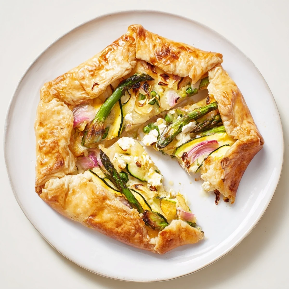 Spring Vegetable Galette with goat cheese slices beside a glass of white wine on a picnic table.
