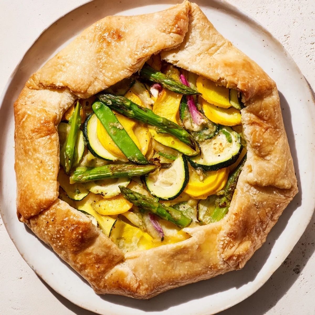 Close-up of Spring Vegetable Galette with tender asparagus, zucchini, and creamy goat cheese filling.