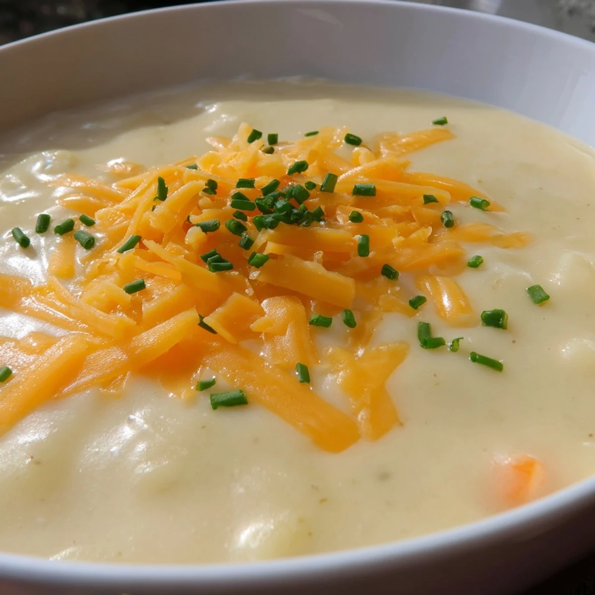Creamy Potato Soup with Chives and Cheese served steaming in a rustic bowl.
