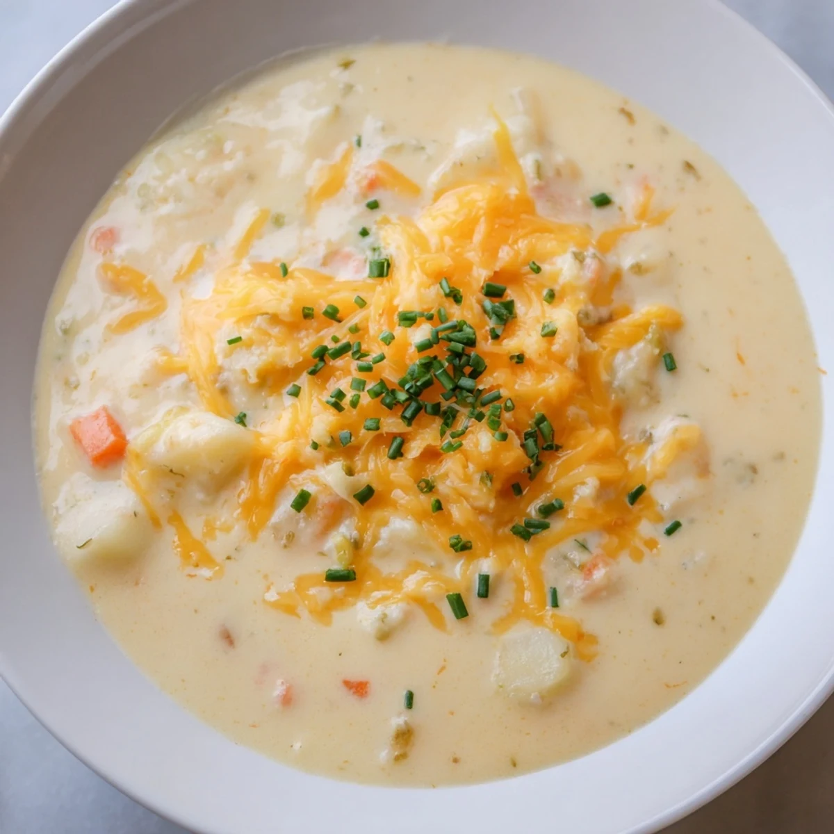 Creamy Potato Soup with Chives and Cheese garnished with fresh chives and cheese.
