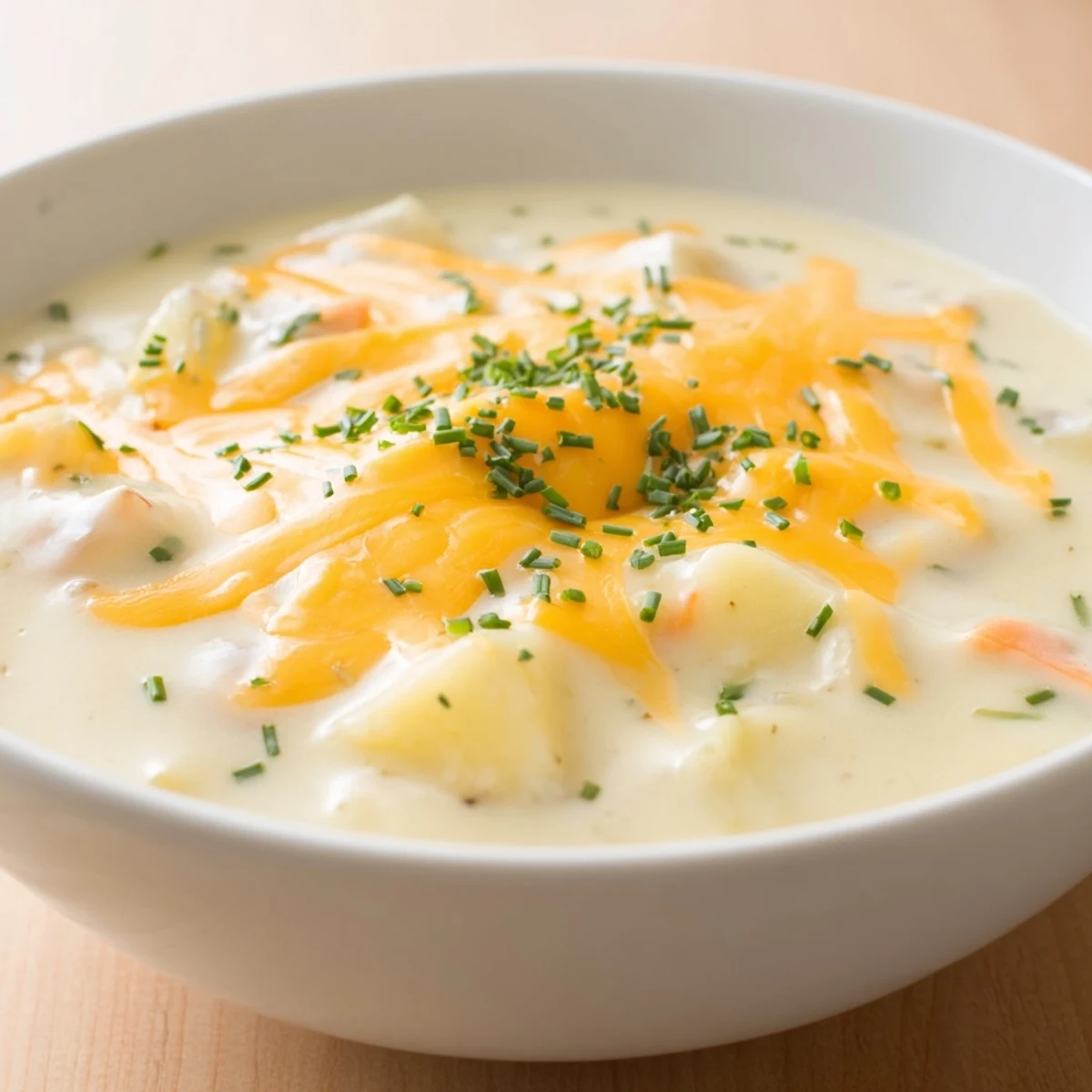 Creamy Potato Soup with Chives and Cheese beside crusty bread on a table.