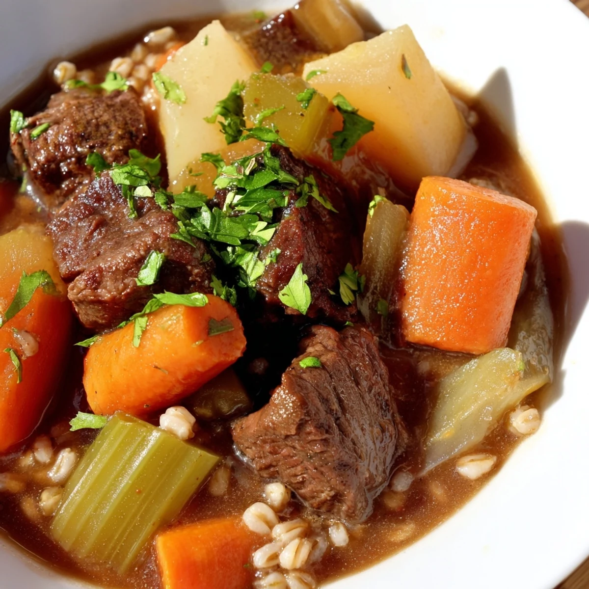 Steaming Irish Beef and Vegetable Stew with Barley in a rustic pot, with tender beef chunks and colorful root vegetables.