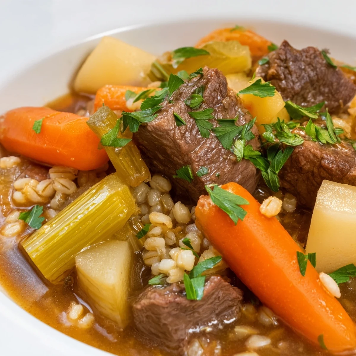 A close-up of Irish Beef and Vegetable Stew with Barley ladled into a bowl, garnished with fresh parsley.