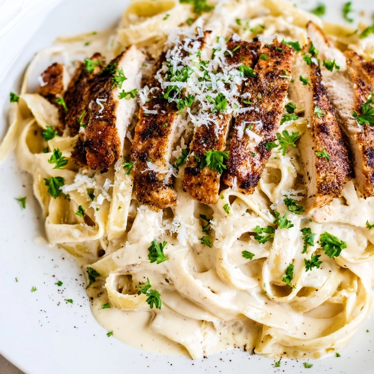 A close-up of Cajun Blackened Chicken Alfredo Pasta, showing golden pasta and blackened chicken with fresh parsley.