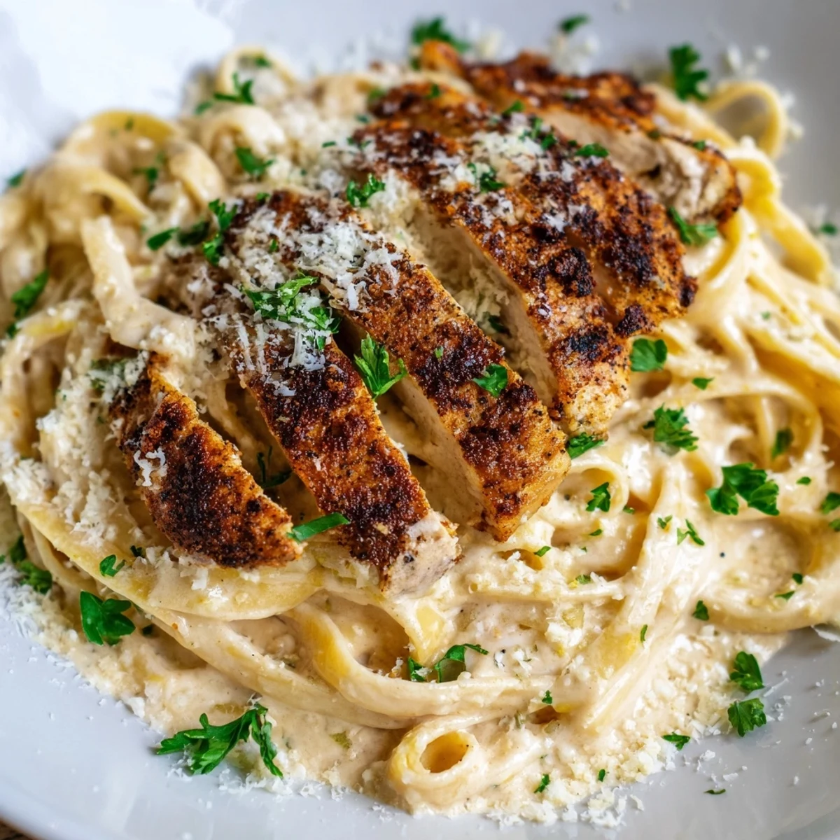 Cajun Blackened Chicken Alfredo Pasta topped with sliced, spicy chicken over creamy fettuccine on a white plate.