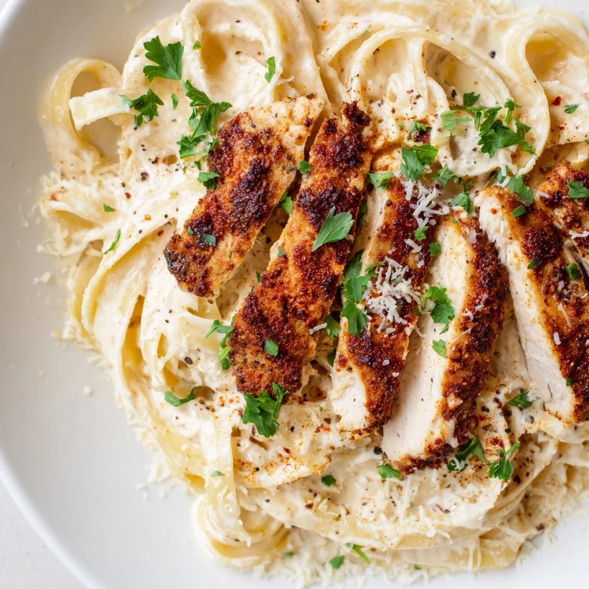 Serving suggestion for Cajun Blackened Chicken Alfredo Pasta, plated with a green salad and wine on the table.