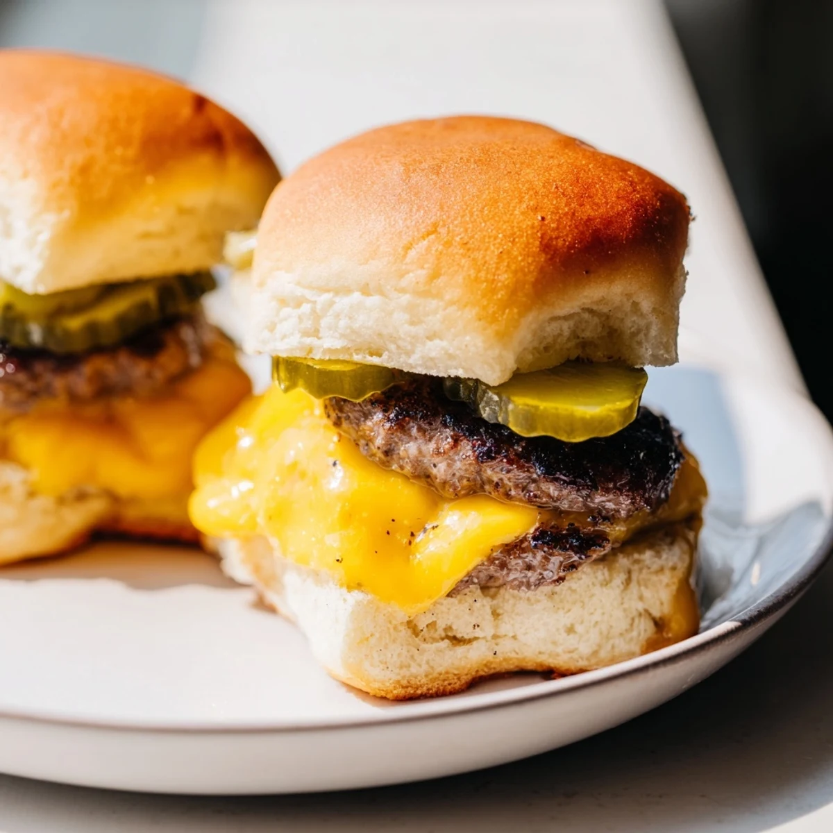 Side view of juicy mini beef burgers from a Beef Sliders with Cheese and Pickles recipe, garnished with red onion and served with a side of crispy fries.