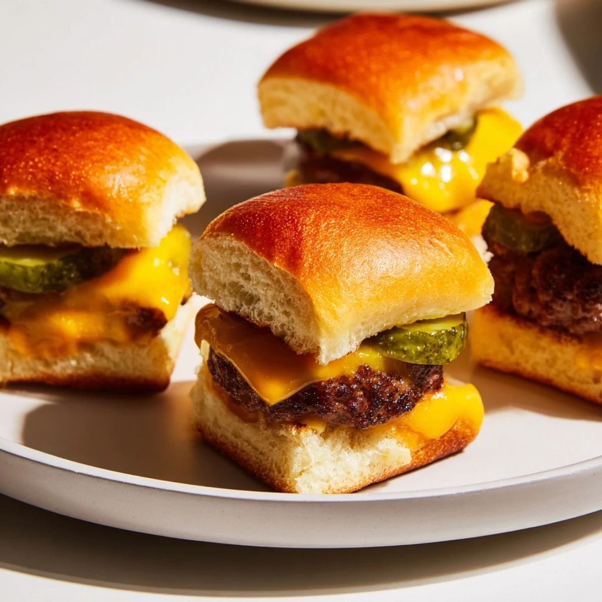 A close-up of two Beef Sliders with Cheese and Pickles on a rustic wooden board, showcasing melted cheddar and tangy dill pickles on toasted buns.
