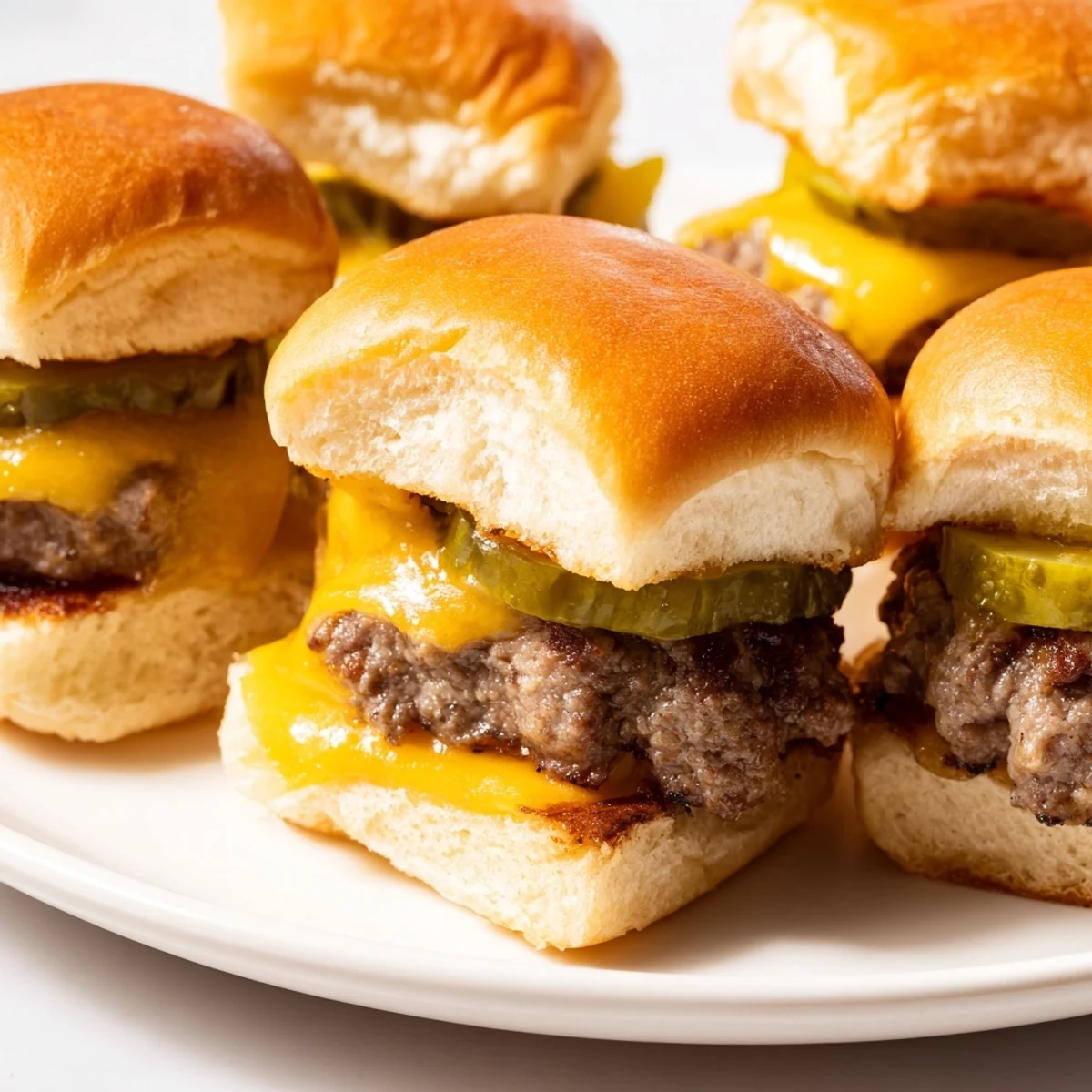 Overhead shot of freshly assembled Beef Sliders with Cheese and Pickles, ready to serve for a casual American party gathering on a checkered tablecloth.