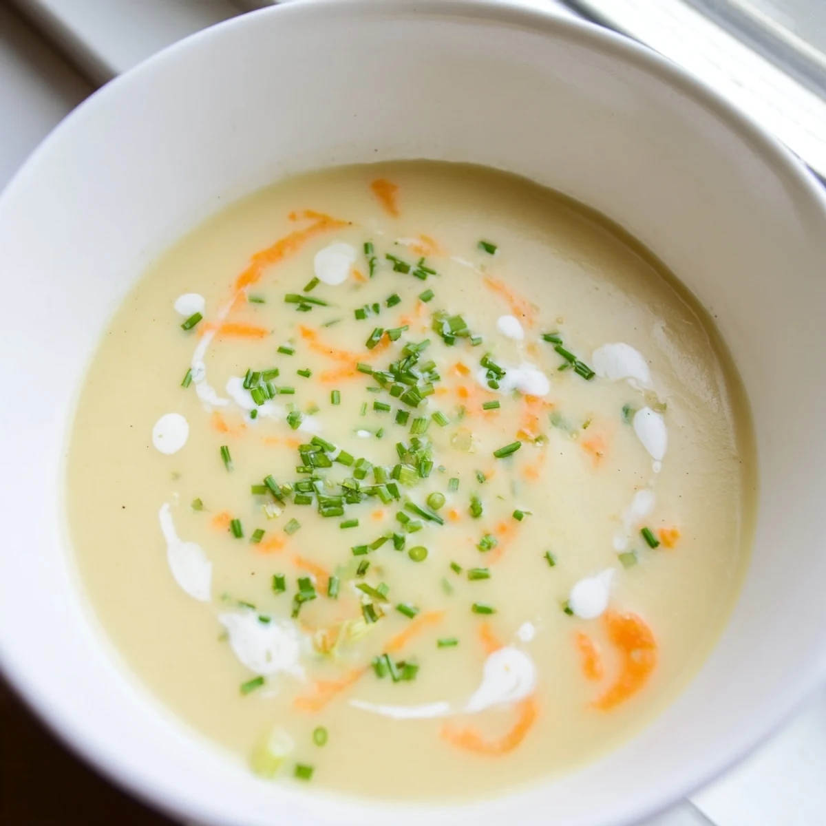 Steaming bowl of Creamy Potato Soup with Chives, garnished with fresh herbs and a cream swirl.