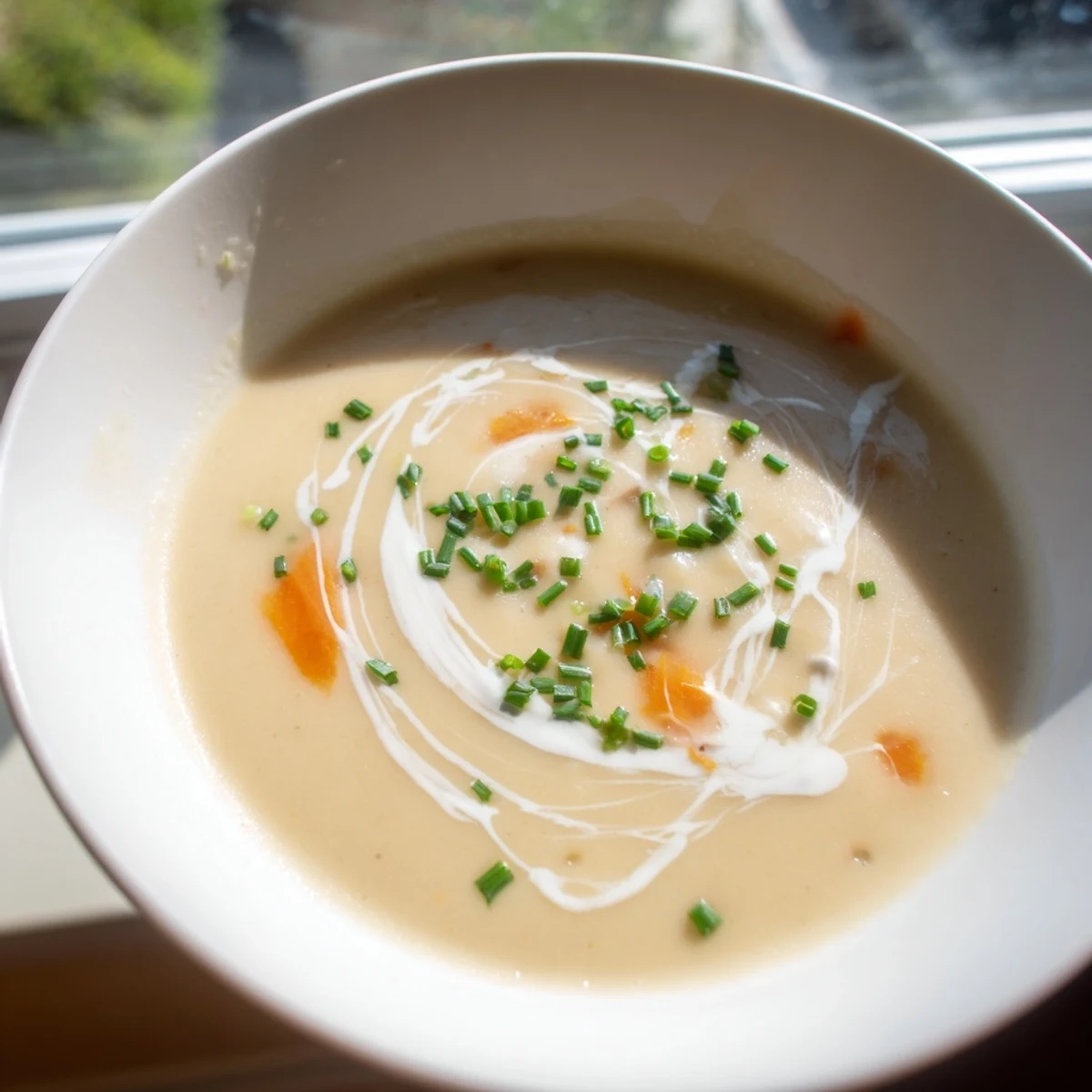 Creamy Potato Soup with Chives served in a rustic mug, topped with finely chopped chives and a drizzle of cream.