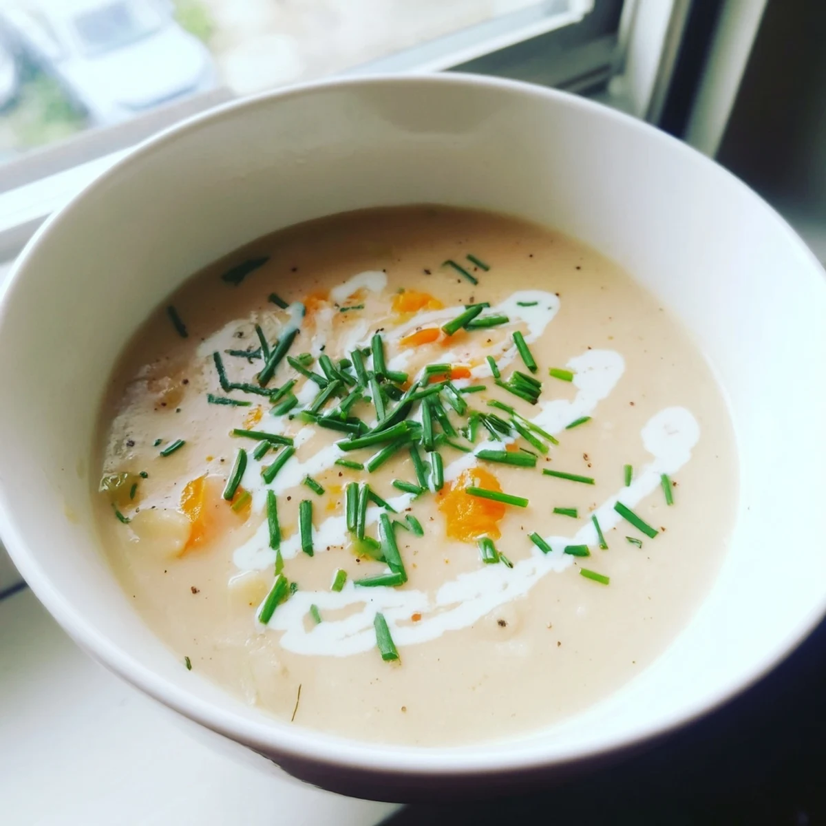 Comforting Creamy Potato Soup with Chives, velvety texture in a warm bowl, ready to enjoy with crusty bread.