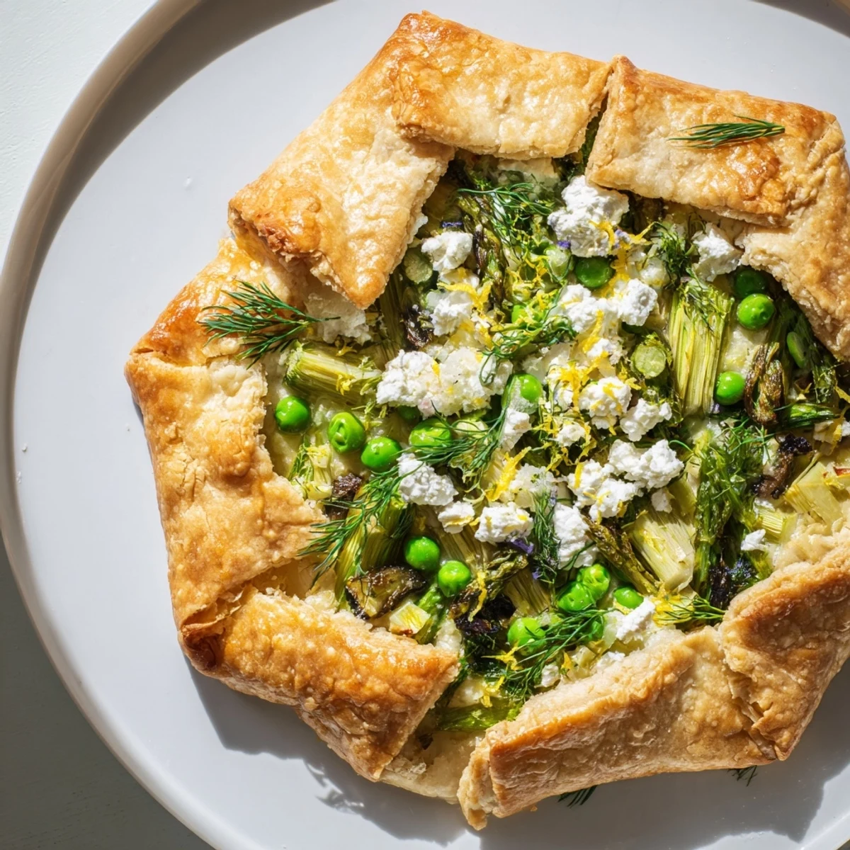 Golden-brown Spring Vegetable Galette with goat cheese on a wooden board, vibrant asparagus, peas, and zucchini peeking from a flaky crust.