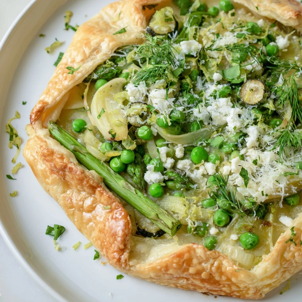 Freshly baked Spring Vegetable Galette with goat cheese, garnished with chives and dill, ready to serve as a savory brunch tart.