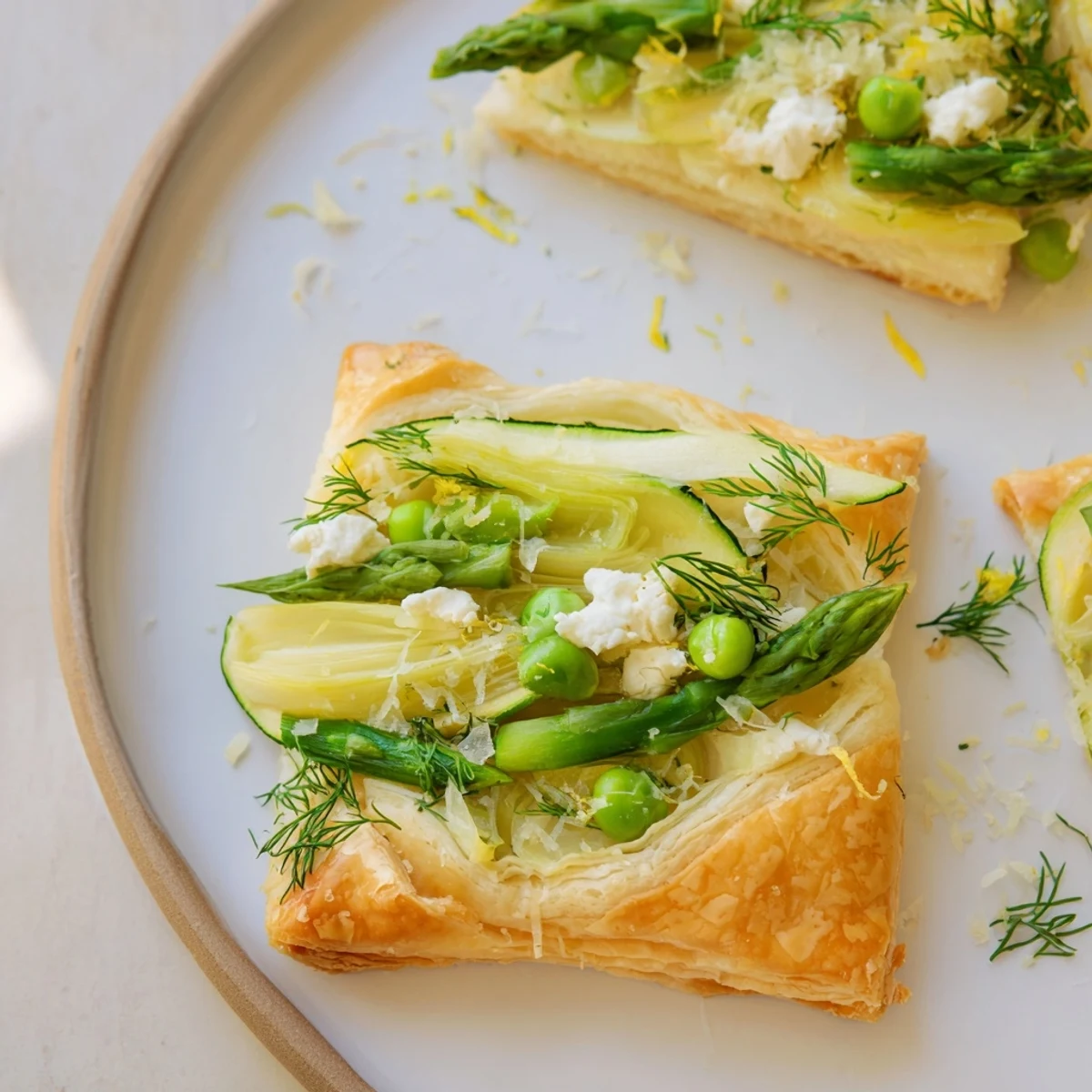 Close-up of Spring Vegetable Galette with creamy goat cheese and colorful spring vegetables inside a rustic, buttery pastry crust.