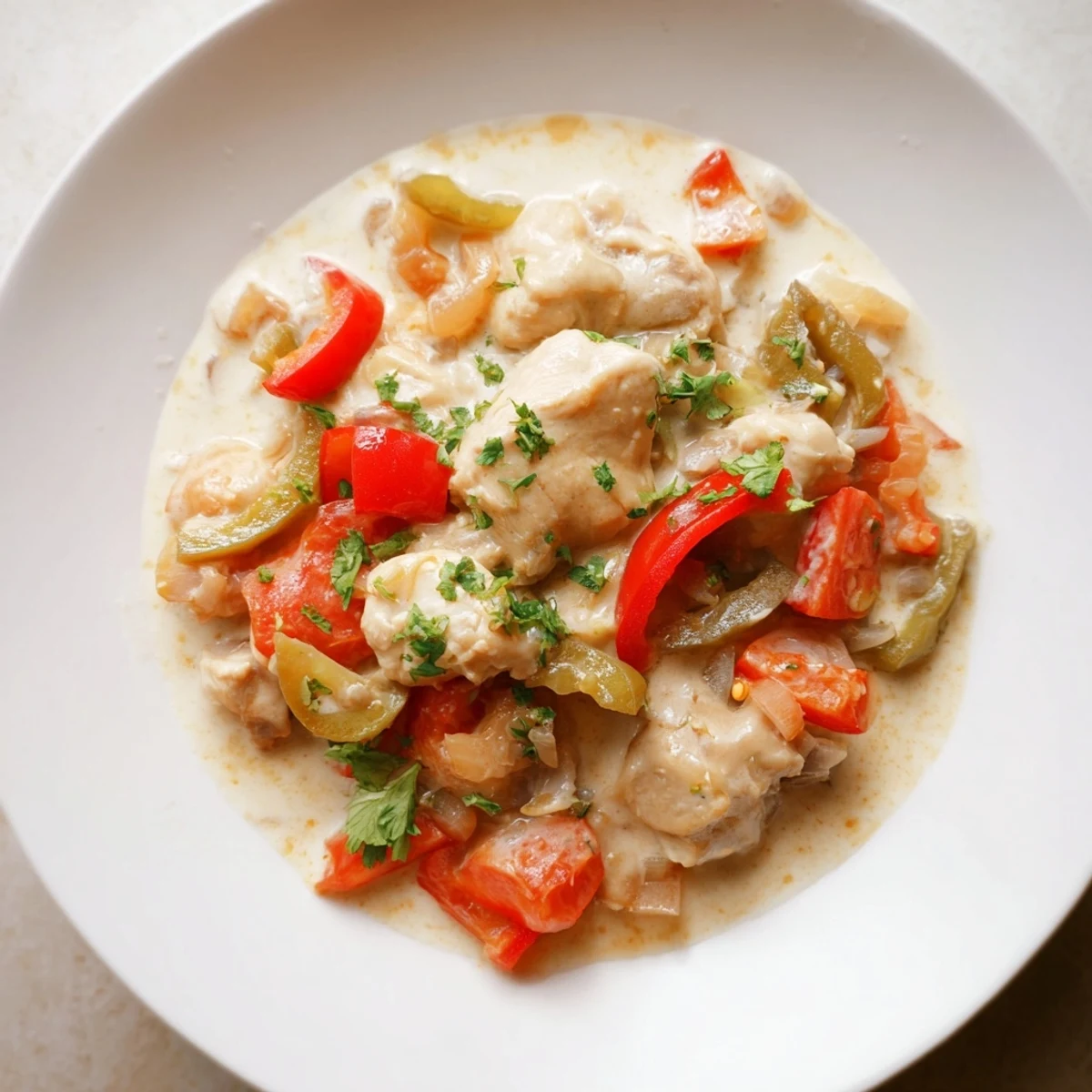 A serving bowl of Brazilian Coconut Chicken with tender chicken pieces in a creamy, golden coconut sauce, garnished with fresh cilantro and lime wedges.