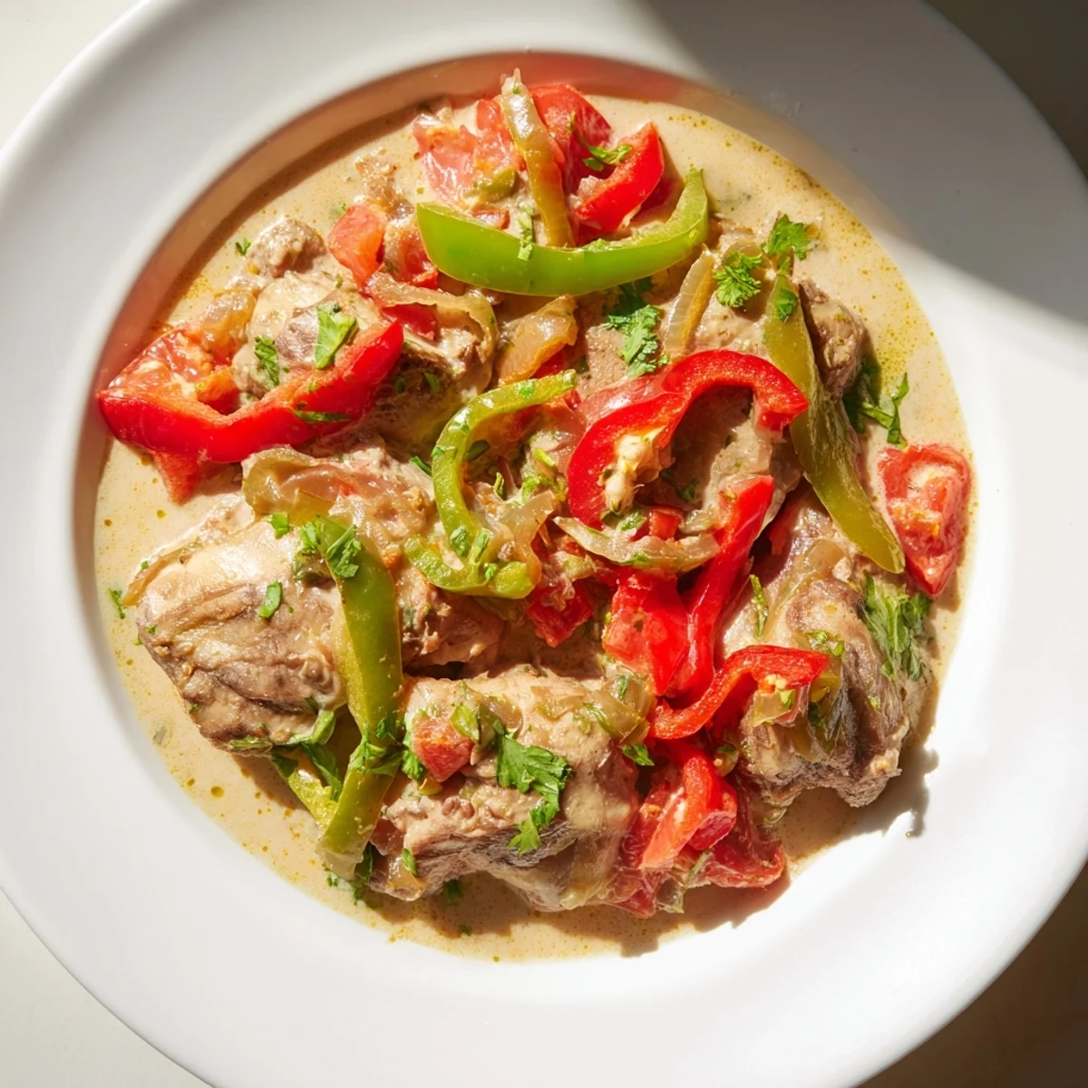 Steaming Brazilian Coconut Chicken simmered in coconut milk and spices, served over white rice with colorful bell peppers and a side of lime wedges.