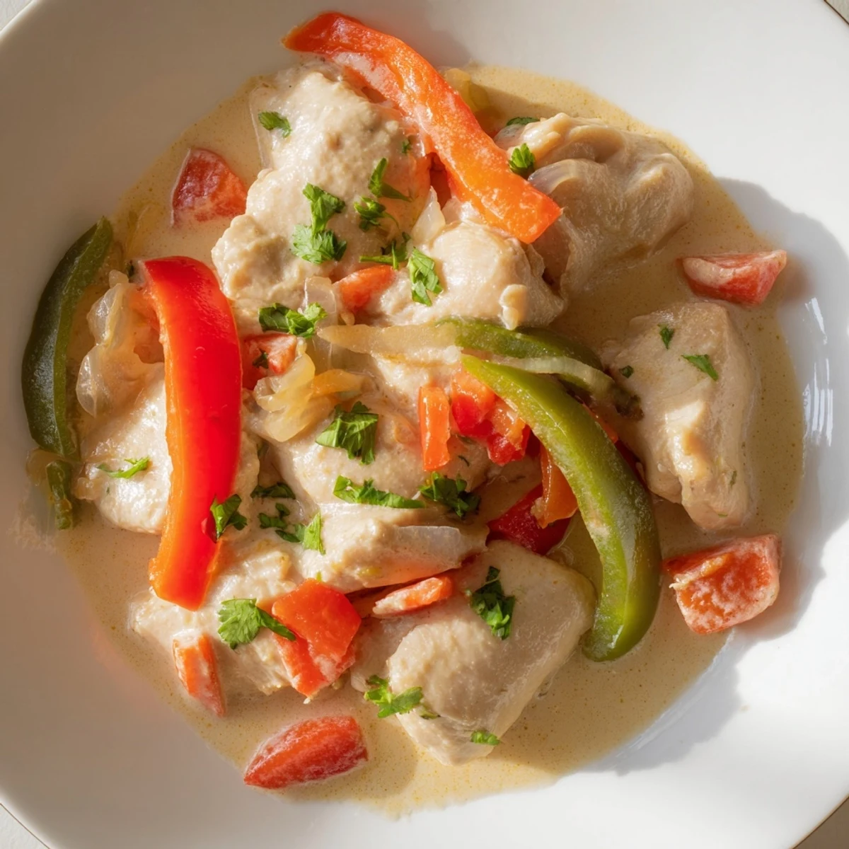 Close-up of Brazilian Coconut Chicken showing succulent chicken thighs coated in a rich, aromatic sauce with hints of cumin and paprika, ready to serve.