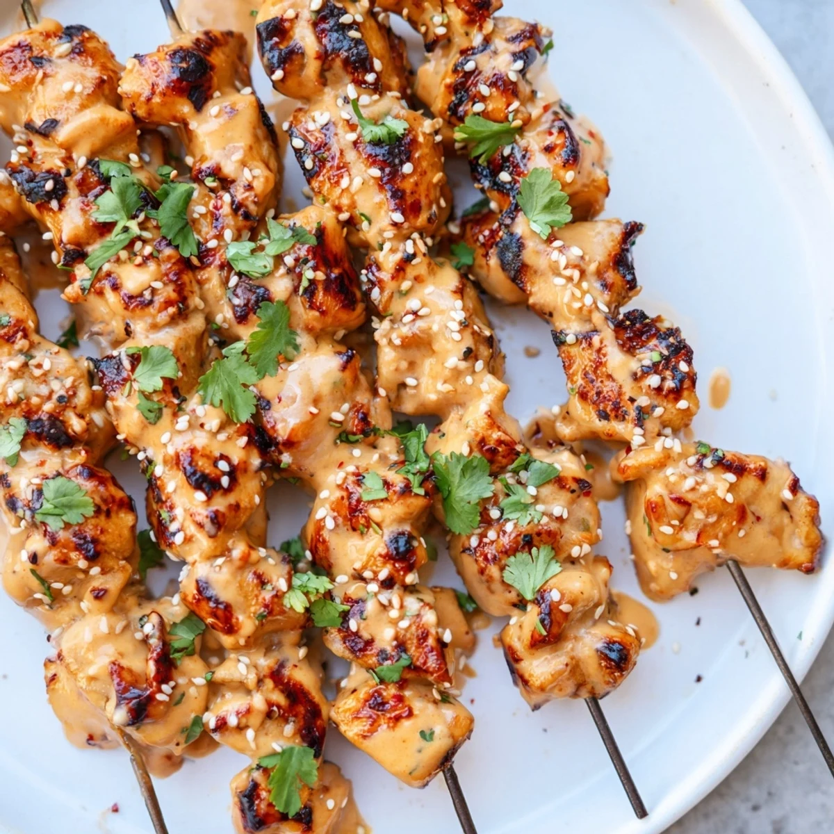 Juicy grilled chicken skewers coated in creamy Bang Bang Chicken Skewers sauce, garnished with sesame seeds on a serving platter.