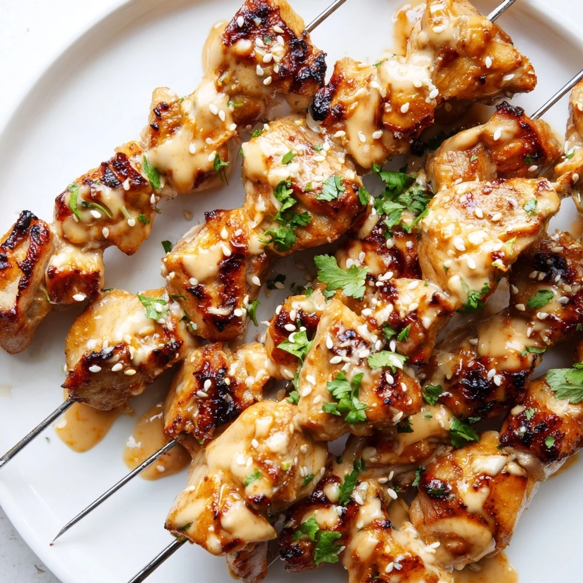 Sizzling Bang Bang Chicken Skewers fresh off the grill, drizzled with spicy-sweet sauce and fresh cilantro, ready for a weeknight dinner.