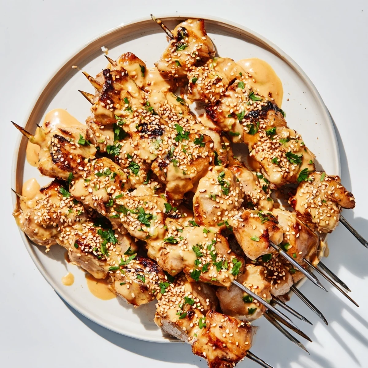 Tender cubes of chicken on skewers with vibrant lime wedges and scallions, highlighting this easy American-Asian fusion Bang Bang Chicken Skewers recipe.
