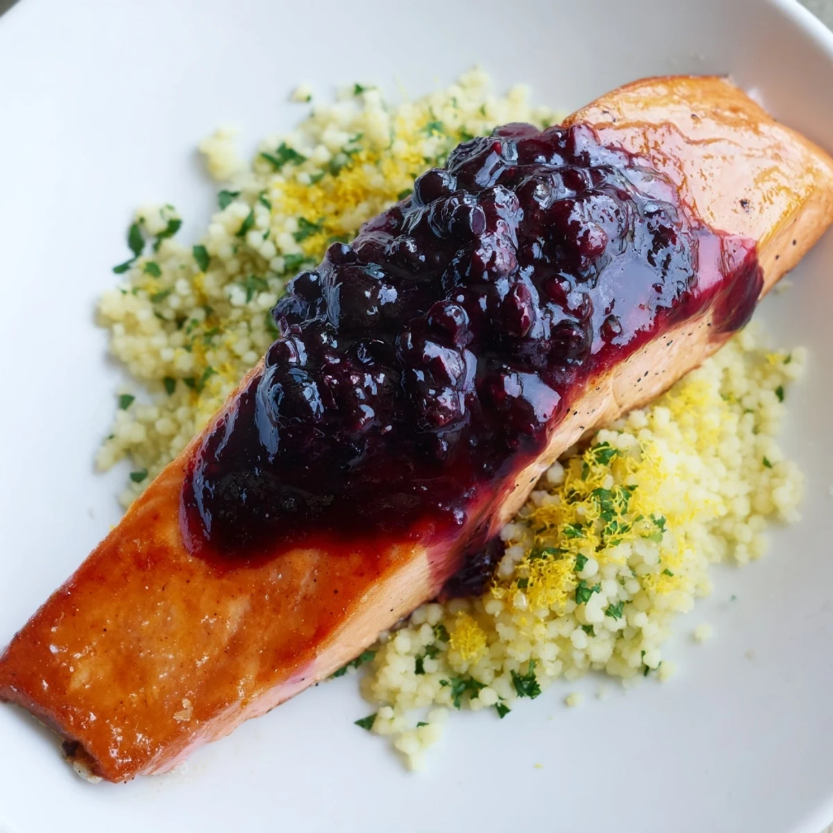 Four glazed salmon fillets sit atop fluffy lemon herb couscous, drizzled with a vibrant blueberry reduction sauce.