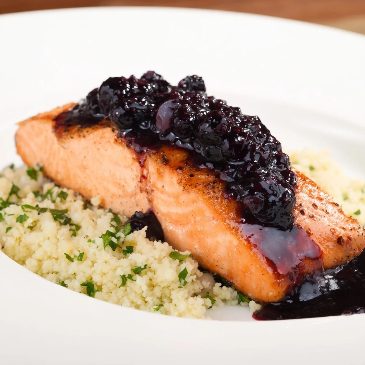 Fresh blueberry glaze coats tender salmon beside aromatic couscous with lemon zest and herbs on a white plate.