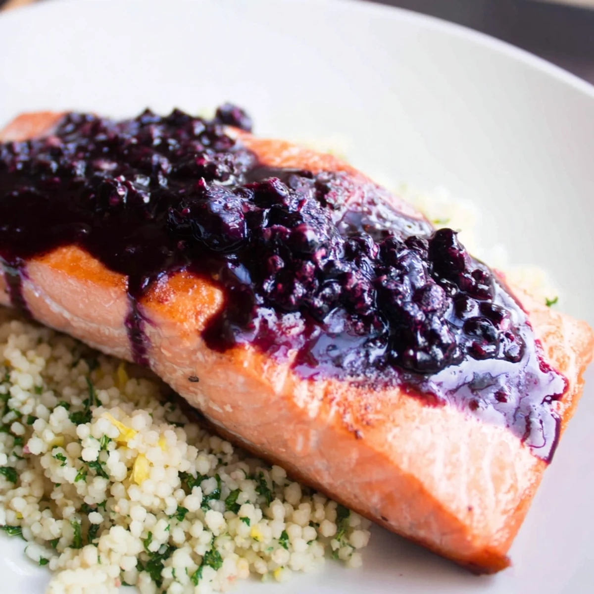 Succulent glazed salmon with blueberry sauce and herb couscous, served on a rustic wooden table for four.