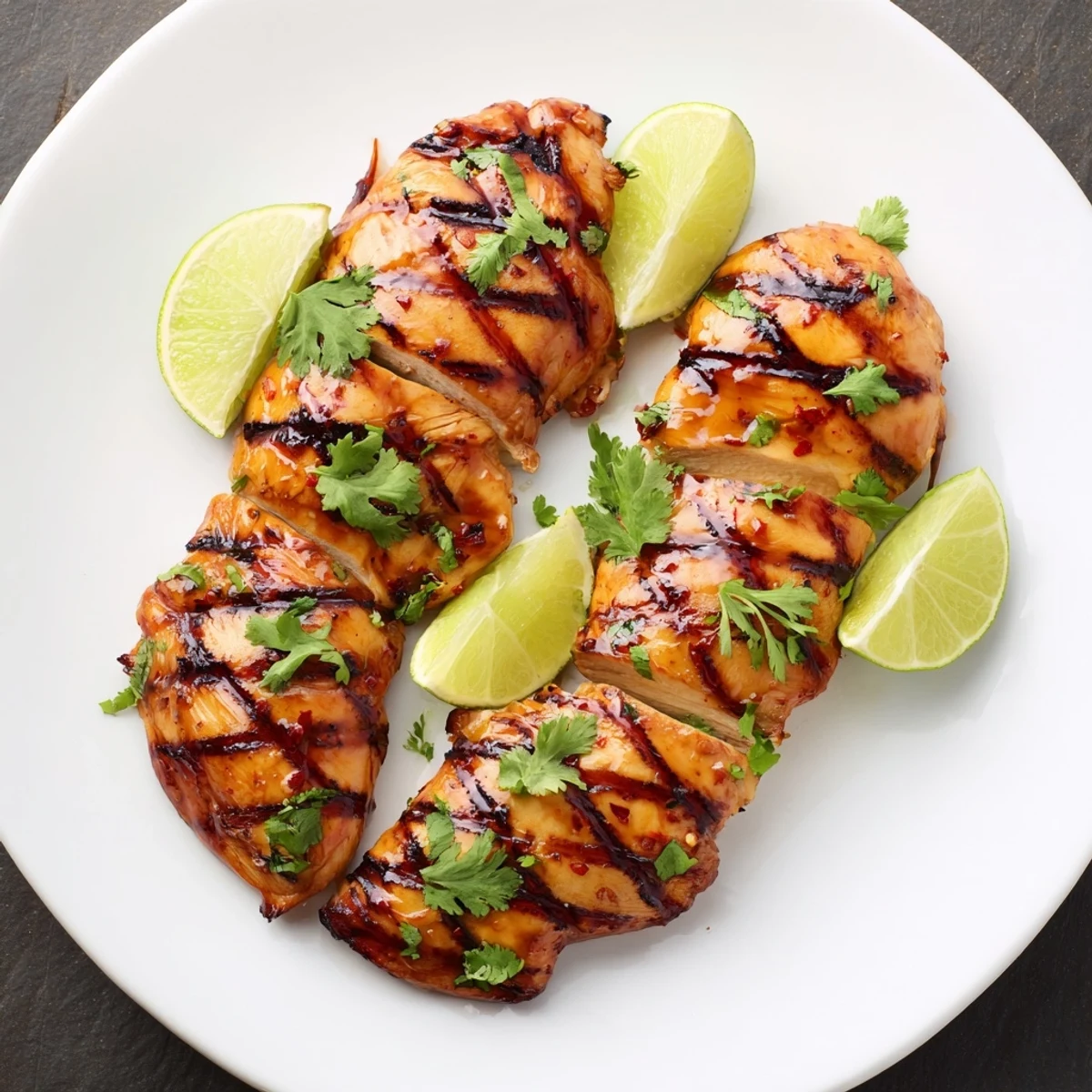 Golden-brown grilled Spicy Honey Lime Chicken breasts resting on a plate with fresh cilantro garnish and lime wedges.
