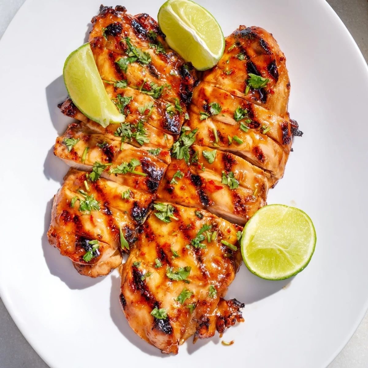 Sizzling Spicy Honey Lime Chicken thighs fresh off the grill, showcasing juicy meat with a sticky, caramelized glaze.