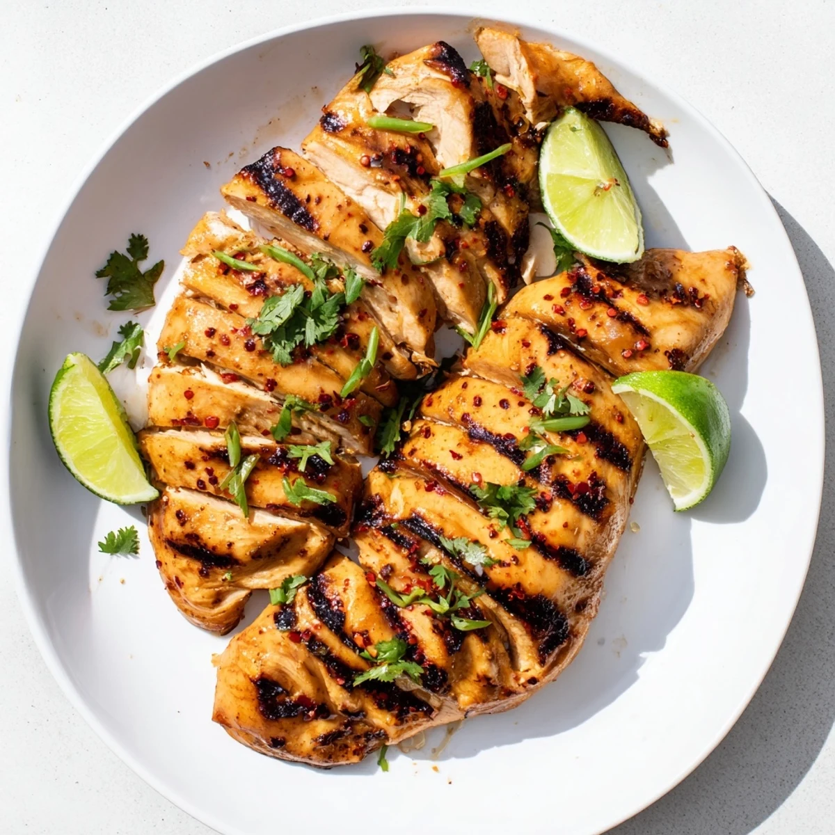 A close-up of sliced Spicy Honey Lime Chicken revealing tender interior, paired with rice and vegetables for dinner.