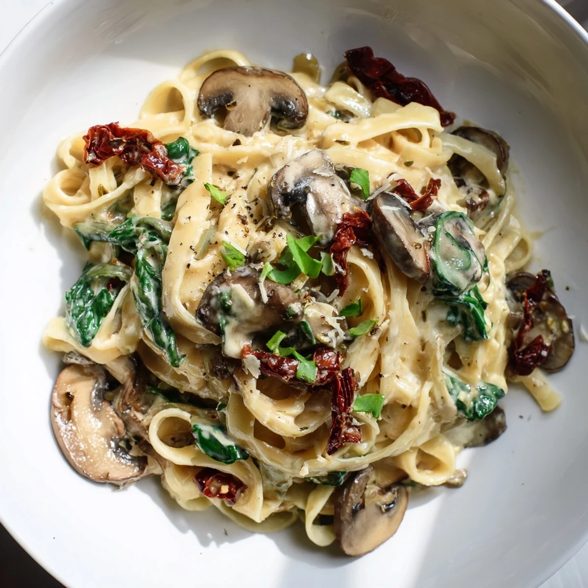 Creamy Tuscan mushroom pasta skillet garnished with fresh basil and extra Parmesan on a rustic table.